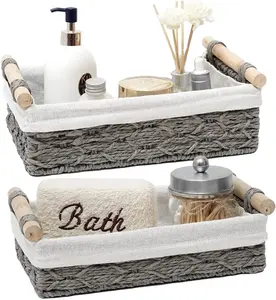 Set of 2 Decorative Paper Rope Storage Basket Bins with wood handle for Organizing with Handle for Counter top Toilet