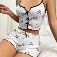 Pakaian Santai Wanita Model Cross Border Terlaris Dengan Atasan Cami Bermotif Hati Dan Celana Pendek, Kasual Dan Dapat Dipakai Di Luar, Akhir Musim Coll