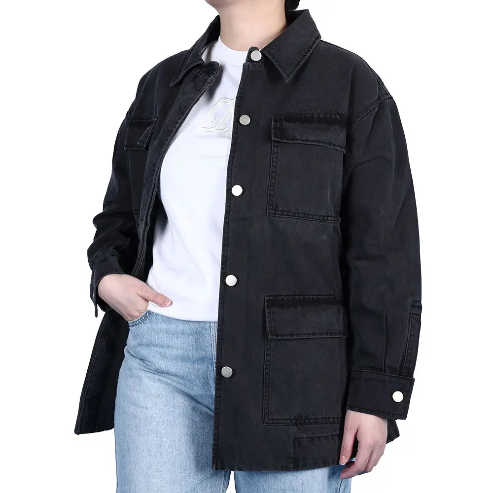 उच्च गुणवत्ता वाले आउटफिट डेनिम जैकेट महिला कस्टम डेनिम जैकेट ब्लैक डेनिम जैकेट