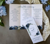 Tarjeta de programa de boda de tres pliegues florales personalizada, tarjeta plegada con línea de tiempo, invitación de boda, impresión colorida