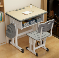 Ensemble table et chaise d'école réglables en hauteur avec bordure en mélamine, étagère ouverte et structure en acier pour utilisation en classe primaire