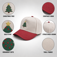 Casquette de baseball de Noël brodée avec un arbre, blanc cassé et visière rouge, pour fêtes, avec sangle réglable, unisexe, vente en gros, en vrac
