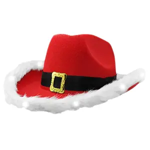 Muhteşem kabarık tüy ağız noel kovboy cowgirl şapka geniş ağız kırmızı noel şapkaları led ışıkları ile