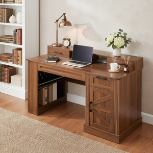 55" Modern Office Desk with Storage Cabinet & Charging Station Barn Door Writing Desk with <b>Keyboard</b> <b>Tray</b> Eco-Friendly Durable - Product Image 2