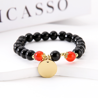 Bracelet élastique en perles d'obsidienne Ywyougang avec disque métallique vierge gravable en acier inoxydable doré, fait main, logo personnalisé, pour couple