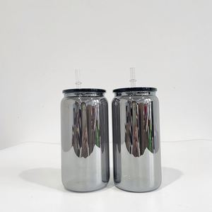 Verre canette 16oz pour bière et soda, aspect miroir métallique noir plaqué, avec couvercles en plastique, pour wraps UV DTF, entrepôt USA - Product Image 2