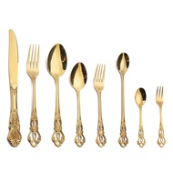 Vente en gros de couverts rétro de haute qualité couverts dorés vintage fourchette couteau cuillère ensemble de couverts dorés en acier inoxydable