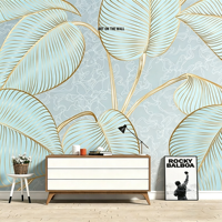 Papier peint mural personnalisé bleu clair avec feuilles dorées, murale botanique 3D moderne pour salon, chambre à coucher, mur d'arrière-plan TV