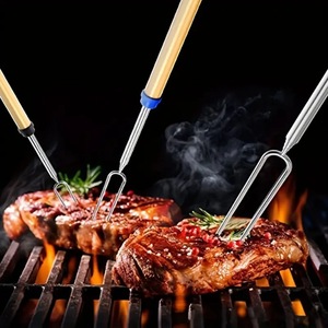 4 Pack Wooden Handle Stainless Steel BBQ Roasting Forks Reusable <b>Extendable</b> Barbecue Skewers For Grilling Meat Marshmallow - Product Image 4