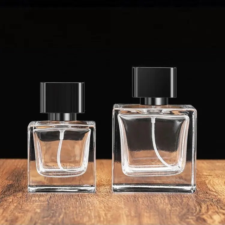 Neues Design 50 ml 100 ml individuelles Glas leere luxus-Quadratische Würfel-Parfümflasche mit Kappe