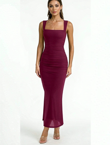 Vestido Maxi Personalizado ODM con Cintura Fruncida, Escote Cuadrado y Tirantes Anchos sin Mangas para Invitadas de Boda de Verano - Product Image 2