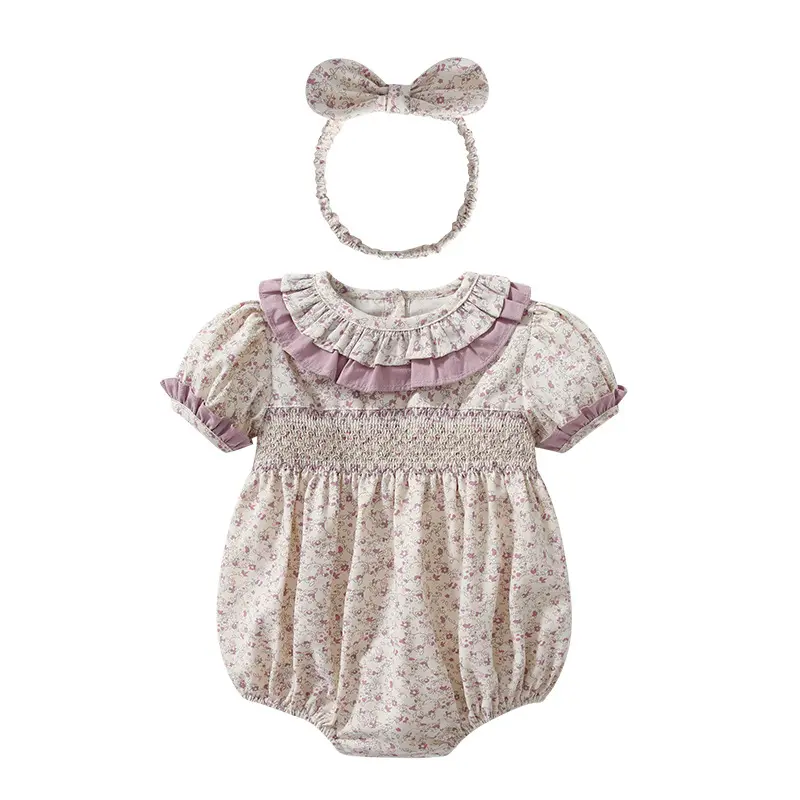 Drop Shipping pakaian berasap bayi kustom baju bayi perempuan lucu Romper kerah boneka Bodysuit motif bunga Romper bayi perempuan