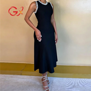 GX20660 Abito Lungo Estivo da <span class=keywords><strong>Donna</strong></span> di Alta Qualità, Senza Maniche, in Maglia con Perle Rotonde, Vestito Casual Maxi - Product Image 1