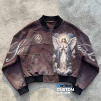 Veste Streetwear OEM personnalisée, grande taille, en tissu épais, délavée à l'acide, effet usé, décolorée par le soleil, avec strass, motif Vierge Marie