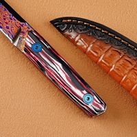 Couteau à lame fixe en acier de Damas avec manche en bois coloré, couteau droit d'extérieur avec étui en cuir pour collection et camping