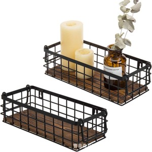 Cesta de Almacenamiento de Madera de Hierro Rectangular para Montar en la Pared con Asa, Color Quemado, Base de Madera Maciza, Cesta para Frutas, Organizador de Almacenamiento - Product Image 4