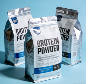 Sachet à fond plat pour protéines de lactosérum, imprimé de qualité supérieure, 250g, 500g, 1000g, avec fermeture éclair, logo personnalisé, pochette scellée sur 8 côtés pour poudre protéinée - Product Image 1