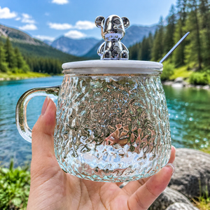 Nouvel Arrivage : Mug en verre avec couvercle motif ours, idéal comme cadeau, pour eau, café, thé, jus, usage domestique, avec cuillère - Product Image 1