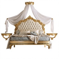 Lit en bois antique de style rococo français avec tête de lit capitonnée, meubles de chambre à coucher en bois massif