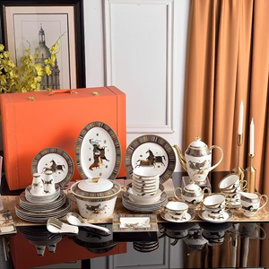 Wholesale Porcelain Minimalist Korean <b>Dinnerware</b> <b>Sets</b> Luxury Bone China Plates 58pcs Gold <b>Dinnerware</b> <b>Set</b> with Horse for Home - Product Image 1