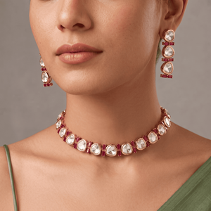 Rose Gold Plated Uncut Kundan Choker <b>Necklace</b> Set with <b>Ruby</b> Red Stones and Matching Drop Earrings for Bridal Wedding Wear - Product Image 1