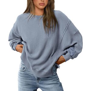 FOXA Sweat-shirt oversize femme en maille gaufrée à manches longues, col rond, respirant, épaules tombantes, haut d'automne - Product Image 1