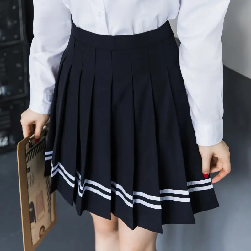 Custom high quality solid black color Above Knee length girls pleated skirts