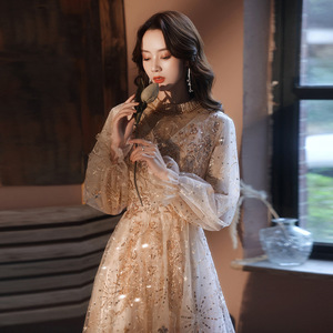 Women's Elegant Evening Gown Empire Waist High Neck Ball Gown Embroidered Organza Vintage Long Dress For Banquets And Hostess - Product Image 4