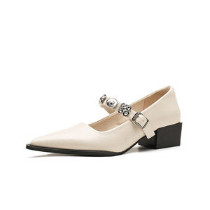 Sandales à talons 635-8 pour femmes, bout pointu, talon épais, fermeture à boucle, élégantes, tendance, talon bas, chaussures simples - Product Image 5