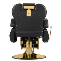 Chaise de barbier traditionnelle haut de gamme avec détails plaqués or, cuir PVC durable et base ronde en acier inoxydable, inclinable