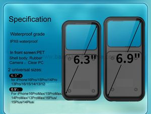 Custodia impermeabile per telefono per <span class=keywords><strong>iPhone</strong></span> 16 <span class=keywords><strong>Pro</strong></span> Max IPX8 360 con Design a corpo intero con cinturino antiurto finestra trasparente Unisex - Product Image 6