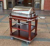 304 Edelstahl Mahagoni Massivholz Bratenwärmer mit Spiegelstahlbeschichtung, Chafing Dish Buffetwagen für Restaurants