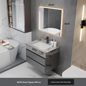 Mueble de <span class=keywords><strong>Baño</strong></span> <span class=keywords><strong>Moderno</strong></span> y Lujoso Lovein con Tiradores de Madera y Estantes de 3 Niveles, Lavabo Simple e Inteligente, Mueble con Luz - Product Image 6