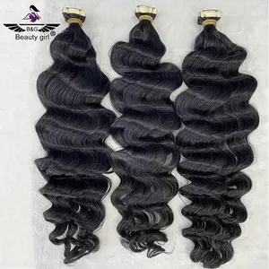 Top grade quality brazilian human remy hair extencoons 26 inch double draw curly wavy tape in hair extensions