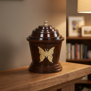 Wooden Cremation Urn With Brass Butterfly Decor Threaded Lid Handmade Tabletop Ashes <b>Memorial</b> <b>Keepsake</b> - Product Image 3