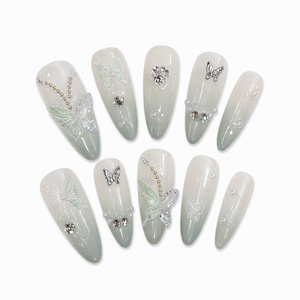 Faux ongles autocollants œil de chat vert, papillon, strass, perles, stiletto, couverture complète, 10 pièces pour doigts - Product Image 3