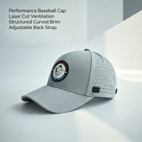 Casquette de baseball de performance grise structurée pour homme avec logo en patch de caoutchouc personnalisé découpé au laser et panneaux perforés respirants