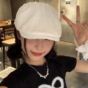 Béret rayé de couleur unie rétro japonais pour femmes, casquette de style artistique amincissante en toile pour le printemps et l'été - Product Image 3