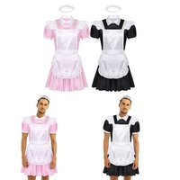 Sissy hommes robe femme de chambre Cosplay Costume manches bouffantes avant boutonné robe avec tablier et bandeau pour Halloween