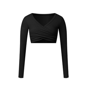 Logotipo personalizado Wrap Ballet Pilates Yoga Top con cuello en V elástico apretado manga larga cepillado <span class=keywords><strong>mujer</strong></span> Crop Top venta al por mayor de lujo de moda - Product Image 4