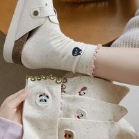 Chaussettes mi-mollet tendance version coréenne pour femmes Printemps Automne Style universitaire Mignon motif de chat de dessin animé Bord festonné Polyester