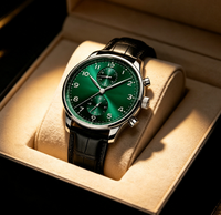 Montre automatique chronographe pour homme, cadran vert, bracelet en cuir véritable, montre-bracelet à remontage automatique