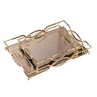 בית תפאורה זהב מראה מגש דקורטיבי זכוכית שולחן למעלה בושם יהירות מתכת תכשיטי איפור מראה מגש ארגונית