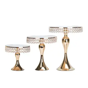 decoration beaded metal round mirror gold cupcake dessert cake stand sets for wedding hanging crystals high tea stainless steel