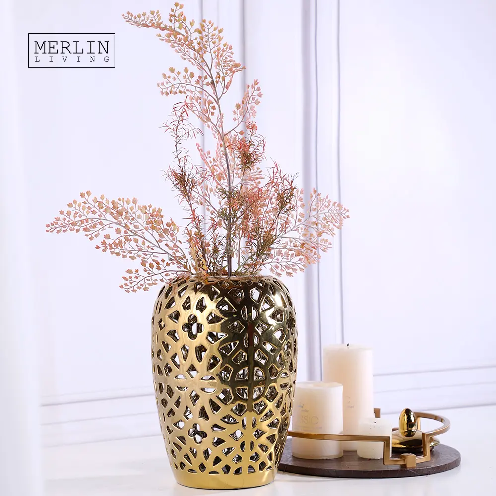 Merlin Living Room Decoration Luxury Ceramic Gold Ginger Jar Cutout Table Decoration Vase Factory Wholesale For Home Decor