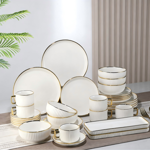 32 Piece Porcelain Dinnerware <strong>Set</strong> with Gold Rim Embossed Striped Design Plates Bowl Cups&amp;Saucers Luxury <strong>Restaurant</strong> Tableware <strong>Set</strong> - Product Image 1
