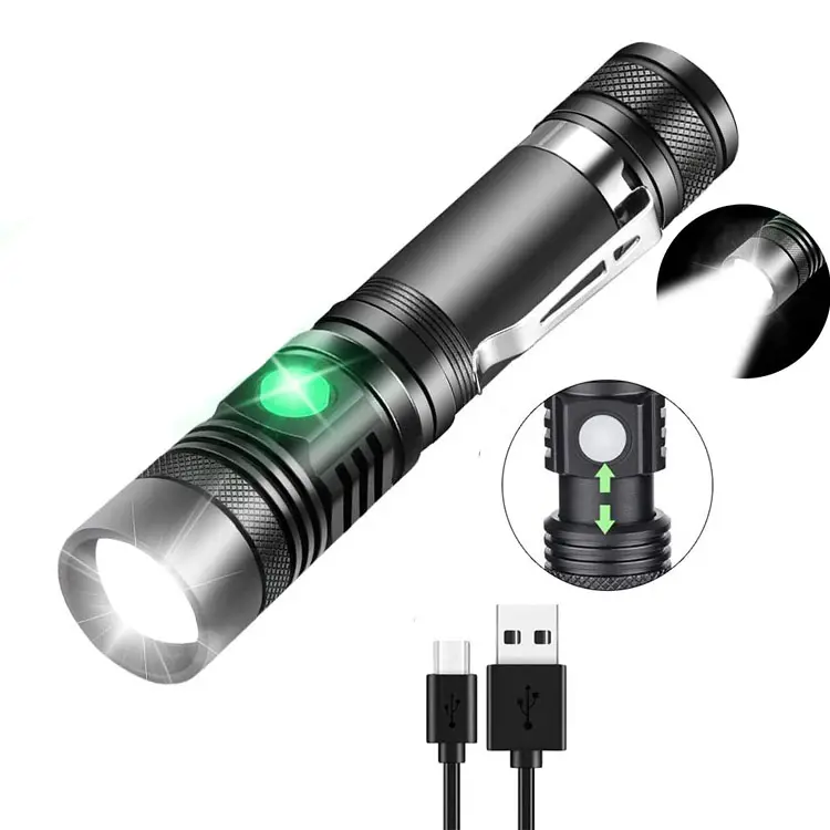 Lampe de poche tactique à lumière LED, torche puissante, avec T6, imperméable, Zoomable, 3 modes d'éclairage, multifonction, chargement USB