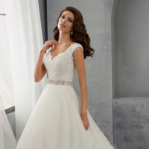 A-Line Lace Wedding Dress V-Neck Natural Waist Ivory White Polyester Fiber Simple Style Bridal Gown - Product Image 2