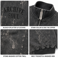 Blouson Bomber Unisexe Col Montant Vintage Streetwear Délavé Effet Encre Éclaboussée avec Poignets et Ourlet Côtelés, Fermeture Éclair Métallique et Lettres Imprimées Floquées