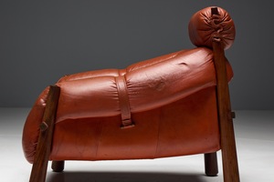 Fauteuil en bois et cuir de style moderne du milieu du siècle avec appui-tête rembourré, canapé individuel pour hall d'hôtel de luxe - Product Image 5